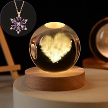 Özbience Kişiye Özel Dekoratif Ahşap Kalp Işıklı 3D Cam Küre ve Lotus Çiçeği Kolye