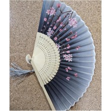 Özbience Serinletici Bambu Kumaş Vintage Gri Japon Yelpaze, Dekoratif ve Püsküllü