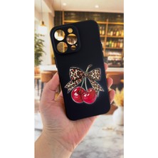 Vip Case iPhone 14 Pro Max Uyumlu Kiraz Fiyonk Leopar Desenli Silikon Darbe Emici Korumalı Rubber Kılıf