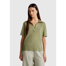 United Colors Of Benetton Adaçayı Yeşili Kadın / Kız KDN_%100 Keten Polo Yaka T-Shirt Model Kodu: ( 37UJD300Y26K)