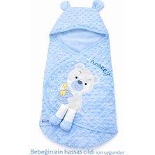 Luna Çeyiz Hediyelik Bebecix Ballı Ayı Bebek Kundağı – Kapüşonlu, Kulaklı Tasarım – %80 Polyester %20 Pamuk – Yenidoğan Kundak Battaniyesi - Mavi