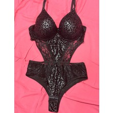 Dantelli Push-Up Dolgulu Fantezi Bodysuit Gecelik - Siyah