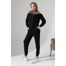 Lubiti Kapşonlu Omuz Dekolteli Eşofman Takım/leopar Desen Üzerine Pul Işlemeli Sweet