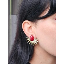 Miruva  Gold Renk Bordo Taşlı Çelik Kadın Küpe