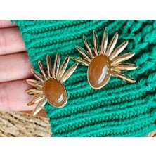 Miruva Gold Renk Kahverengi Taşlı Çelik Kadın Küpe