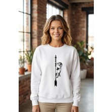 Defy Moda Sevgililer Günü Özel Bisiklet Yaka Aslan Baskılı Oversize Sweatshirt - Beyaz