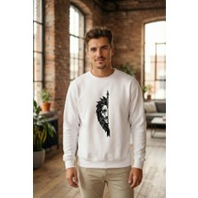 Defy Moda Sevgililer Günü Özel Bisiklet Yaka Aslan Baskılı Oversize Sweatshirt - Beyaz