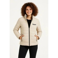 Mikro Su Itici Kapitone Baskılı Astarlı Fermuarlı Bomber Mont - Bej