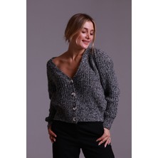 V Yaka Gri Kırçıllı Düğmeli Hırka