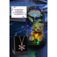 Özbience Ayıcıklı Fanus Dekoratif Rgb LED Işıklı Sonsuzluk Gülü ve Lotus Çiçeği Kolye