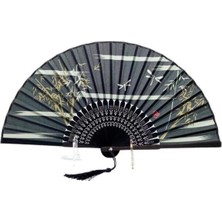 Özbience Şık Bambu Kumaş Vintage Siyah Dekoratif Japon Yelpaze, Serinletici Püsküllü