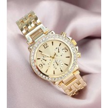 Allians Zirkon Taşlı Metal Kol Saati, Zarif ve Şık Tasarım, Gold Renk