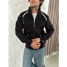 Giyim Center Erkek Oversize Dik Yaka Fermuarlı Sweatshirt - Zincir Nakışli Kanguru Cepli - Siyah