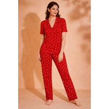 Desenli Kırmızı Kadın Pijama Takımı