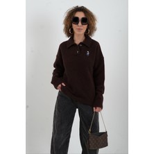 Zelish My Sister Kahve Polo Yaka Nakışlı Kazak