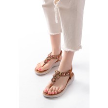 Arda ADM-609 Taba Taşlı Kadın Parmak Arası Sandalet - Arka Lastikli Rahat Taban