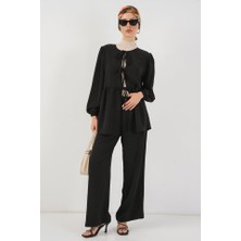 Queene Dreams Önü Bağcıklı Tunik Pantolon Ikili Takım 6744 - Siyah