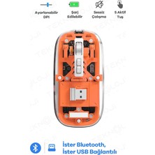 Esranın Dünyası Buğz Bluetooth USB Çift Modlu Sessiz Mouse, Şeffaf Mıknatıslı Kapaklı, Type-C Şarjlı, Dpı Ayarlı, Kablosuz 10M Çekim Mesafeli, Masaüstü Kısayol Tuşlu, Taşınabilir Şarjlı Mouse Turuncu