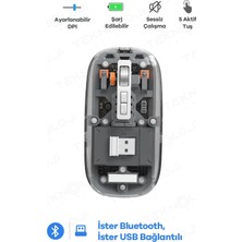 Esranın Dünyası Buğz Bluetooth USB Çift Modlu Sessiz Mouse, Şeffaf Mıknatıslı Kapaklı, Type-C Şarjlı, Dpı Ayarlı, Kablosuz 10M Çekim Mesafeli, Masaüstü Kısayol Tuşlu, Taşınabilir Şarjlı Mouse Siyah