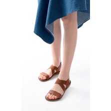 Arda A205-04 Hakiki Deri Taba Kadın Sandalet - Tek Bantlı Lastikli Ortopedik Taban