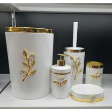Özbience Banyo Seti 5'li, Beyaz Yuvarlak, Altın Yaprak ve Mineli Çiçek Aksesuarları
