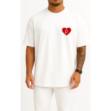 Bahriyeli Collection Oversize Sevgililer Günü Özel Kalp Içinde D Harfi Cep Baskılı Unisex T-Shirt