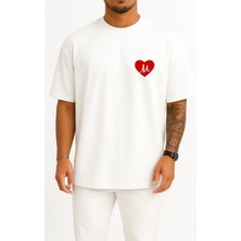 Bahriyeli Collection Oversize Sevgililer Günü Özel Kalp Içinde M Harfi Cep Baskılı Unisex T-Shirt