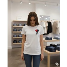 Sevgililer Günü Siyah Beyaz Kalp Baskılı Tasarım Pamuklu Unisex T-Shirt