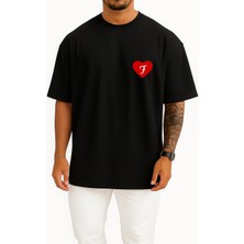 Bahriyeli Collection Oversize Sevgililer Günü Özel Kalp Içinde F Harfi Cep Baskılı Unisex T-Shirt