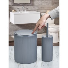 Özbience 2'li Banyo Seti, Yuvarlak Dokunmatik Kapaklı Çizgili Çöp Kovası