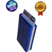 Basarideri Hakiki Deri Otomatik Mekanizmalı Rfid Korumalı Erkek Kartlık Cüzdan Mavi Kroko