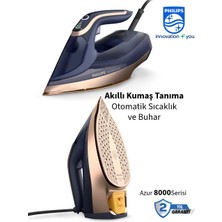 Philips Optimaltemp Akıllı Sensörlü Kumaşa Göre Isı Ayarlayan Teknoloji  Azur Buharlı Ütü 8000 Serisi, 260G Turbo Şok Buharlı Ütü +Şarjlı Hav Yün Temizleyici