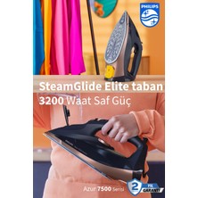 Philips 3200W Güçlü Performans Steamglide Elite 7500 Serisi 260G Şok Buhar 55G/DK Sürekli Buhar  Taban Ütü
