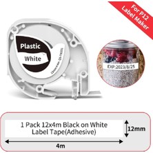 PremiumPort Beyaz ve Siyah Renkli, 12MM x 4m Uzunlukta Plastik Etiket Şeridi