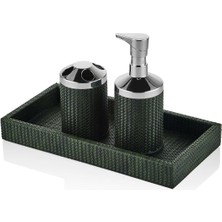 Özbience Yeşil Faux Vegan Deri Banyo Seti, Tepsi 30X15CM, Şık ve Kullanışlı