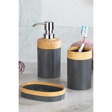 Özbience Bambu Görünümlü 3'lü Plastik Banyo Seti, Sıvı Sabunluk ve Diş Fırçalık