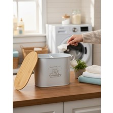 Özbience Bambu Kapaklı Metal Bölmeli Toz Deterjanlık ve Tablet Saklama Kutusu