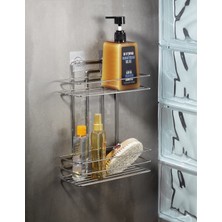 Özbience Çift Katlı Metal Krom Yapışkanlı Banyo Rafı, Duş ve Şampuan Düzenleyici