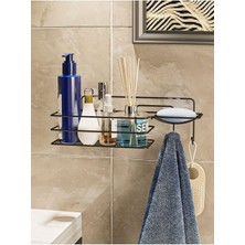 Özbience Mat Siyah Yapışkanlı Kancalı Banyo Rafı ve Sabunluk Seti