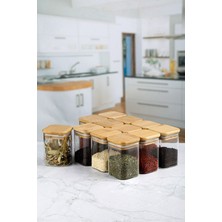 Özbience 12'li Bambu Kapaklı Kare Baharatlık Kavanoz Seti, Vakumlu Kapak, 6X8CM