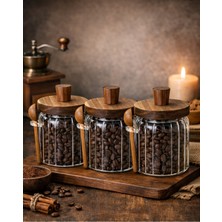 Özbience 3'lü Akasya Kapaklı Vakumlu Cam Kavanoz Seti, Mutfak Düzenleyici