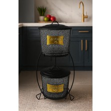 Özbience 2'li Siyah Çelik Patates ve Soğan Kovası, Standlı Depolama Organizer