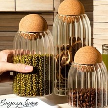 Özbience 3'lü Top Mantar Kapaklı Çizgili Cam Kavanoz ve Baharatlık Seti