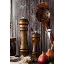 Özbience Ahşap Baharat Tuz Öğütücü ve Tuzluk Seti 14CM ve 21CM, Kahverengi