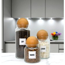 Özbience Ahşap Top Kapaklı Cam Saklama Kavanozu Seti, Etiket Hediyeli