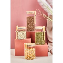 Özbience 4'lü Bambu Kapaklı Cam Kavanoz Seti, Saklama ve Saklama Kabı