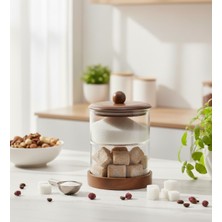 Özbience Çift Katlı Cam Saklama Kabı, Ahşap Kapaklı Çok Amaçlı Düzenleyici