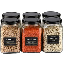 Özbience 850CC Köşeli Cam Baharat ve Bakliyat Kavanozu 6'lı Set Siyah Kapaklı