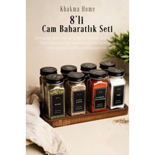 Özbience Ahşap Standlı 8'li Cam Baharatlık Seti, Siyah Kapak ve Etiketli, Minimal Tasarım