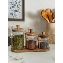 Özbience Standlı Akasya Kapaklı 3'lü Borosilikat Cam Baharatlık Seti, Şık ve Kullanışlı